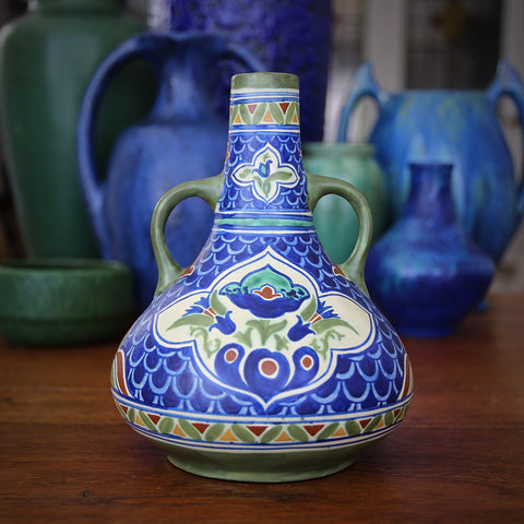 James Plant English Aesthetic Movement Two-Handled Genie Vase with Hand-Painted "Persian-Orientalist" Floral Decoration (LEO Design)