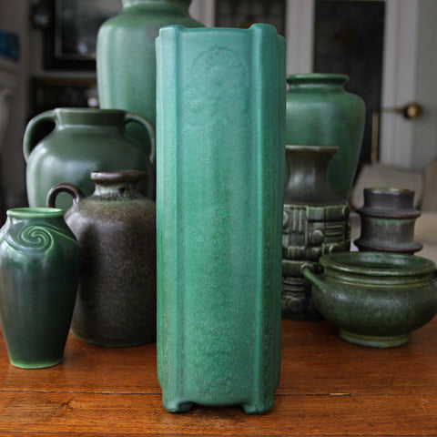Weller Tall, Buttressed Cylindrical Arts & Crafts Vase with Incising and Matte Green Glazing (LEO Design)