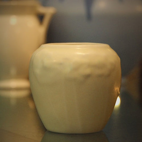 Rookwood Arts & Crafts Ceramic Vase with Floral Bas Relief and Warm White Glaze (LEO Design)