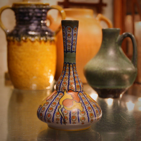 Gouda Dutch Art Nouveau Hand-Painted Genie Bottle Vase with Tulip Decoration (LEO Design)
