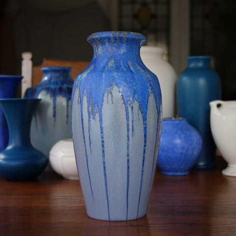 Pierrefonds French Art Nouveau Chinese-Form Ceramic Vase with Dripping, Organic Cornflower Blue Glazing (LEO Design)