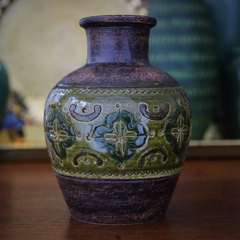Bitossi Italian Modernist Hand-Incised Vase with Green Glazing (LEO Design)