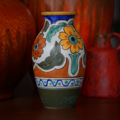 Gouda Dutch Vase with Hand-Painted Leaves and Flowers in Marigold, Orange, Cobalt and Olive Green (LEO Design)