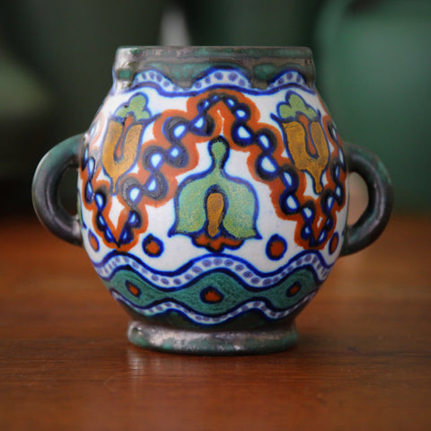 Gouda Dutch Two-Handled Vase with Hand-Painted Green, Aqua, Blue, Orange & Mustard Glazes (LEO Design)