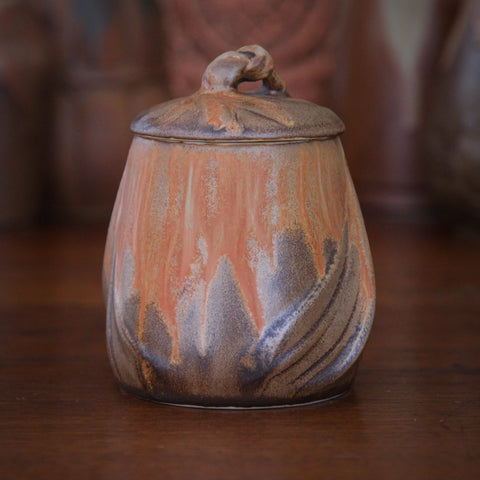 Denbac French Art Nouveau Covered Pot with Botanical Bas Relief and Glazes of Caramel, Tan and Gold Dust (LEO Design)