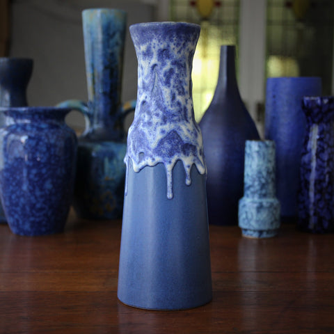 West German Modernist Carafe Form Vase with Blue and Foamy White Glazing (LEO Design)