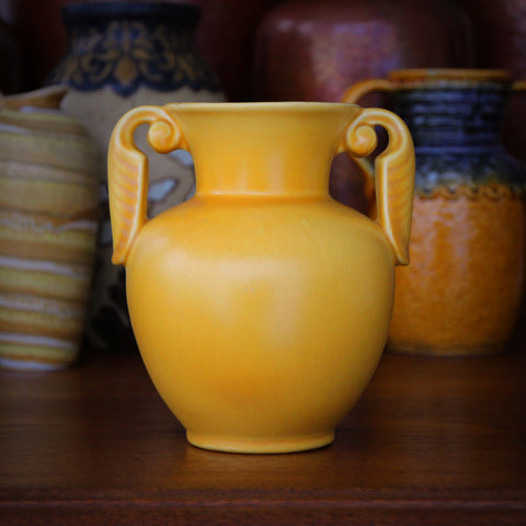 Stangl Art Deco Urn-Form Vase with Scrolling Acanthus Leaf Handles in Rich Yellow Glaze (LEO Design)