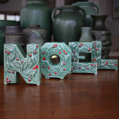 Ceramic NOEL Candle/Sprig Holders with Scrolling Holly and Celadon and Red Glazing (LEO Design)