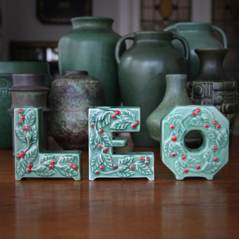 Ceramic NOEL Candle/Sprig Holders with Scrolling Holly and Celadon and Red Glazing (LEO Design)