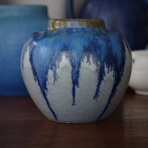 Pierrefonds French Art Nouveau Squat Two-Handled Ceramic Vase with Organic, Dripping Blue Glazes (LEO Design)