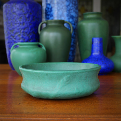 Zanesville "Norwalk" Matte Green Arts & Crafts Bowl with Botanical Bas Relief (LEO Design)