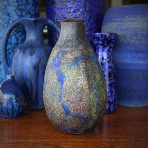 Hand-Built Modernist Ceramic Studio Vase with Lapis, Gunmetal and Verdigris Glazing by Kate Vogler (LEO Design)