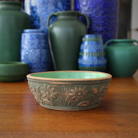 Red Wing "Brushware" Bowl with Green Glazed Interior and Mossy Green Stain Over Daisy Bas Relief Exterior (LEO Design)