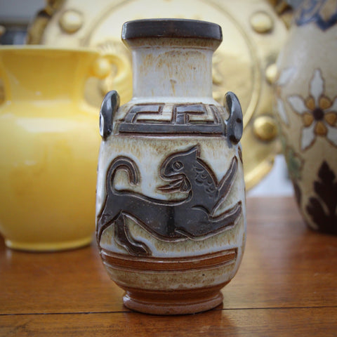 Belgian Art Nouveau Vase by Antoine DuBois with Leaping Classical Greek Lion (LEO Design)