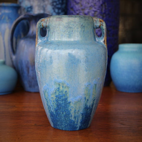 Fulper Two-Handled High-Shouldered Urn in Lustrous, Crystalline Blue Glazes (LEO Design)