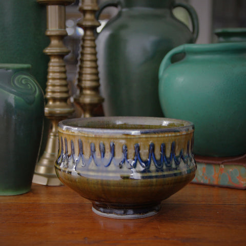 Modernist Stoneware Studio Bowl with Olive Glaze and Navy Blue Gadrooning (LEO Design)