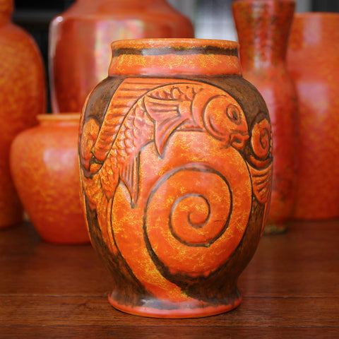 English Art Deco Vase with Incised "Fish on Wave" Decoration and Mottled, Orange & Yellow Glazing (LEO Design)