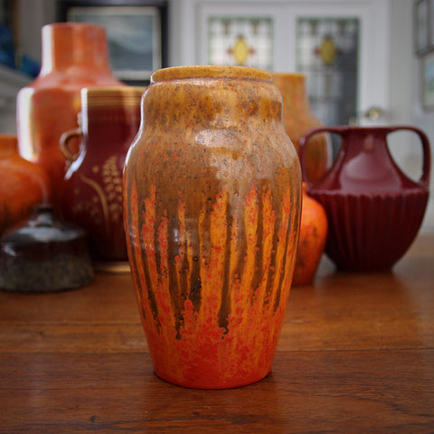 Pilkington Royal Lancastrian Hand-Thrown Vase by Edward Thomas Radford with Dripping Caramel and Orange Glazes (LEO Design)