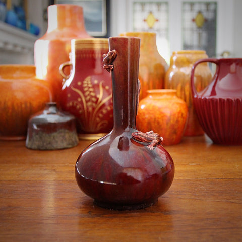Art Nouveau Chinoiserie Bottle Vase with Sculpted Lizards and Oxblood Glazing (LEO Design)