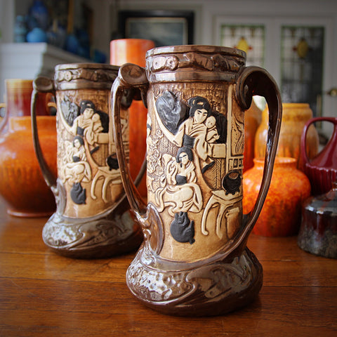 Pair of Bretby English Art Nouveau Chinoiserie Vases with Bas Relief Panels and Whiplash Handles (LEO Design)