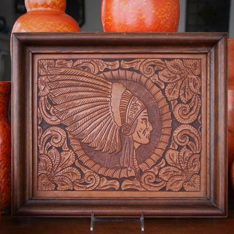 Framed Hand-Tooled Leather Panel with Indian Chief Portrait (LEO Design)