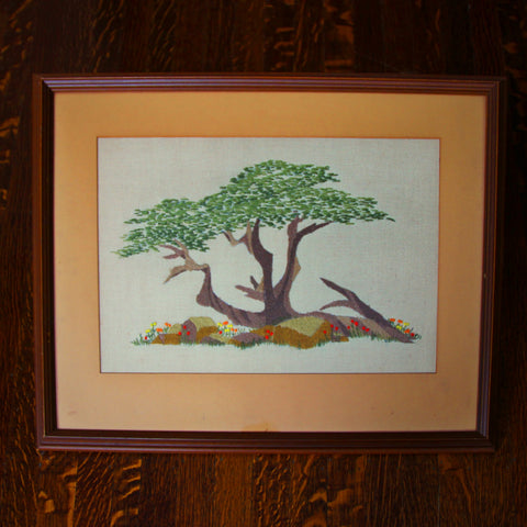 Framed Linen Embroidery of a Cypress Tree Amidst Rocks (LEO Design)