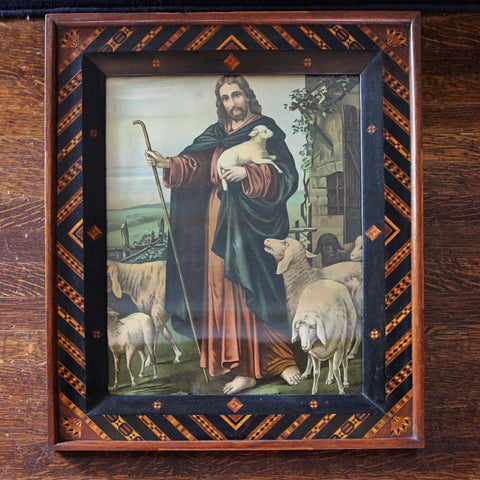 Nineteenth Century Italian Good Shepherd Print in Handsome Marquetry Inlay Frame (LEO Design)