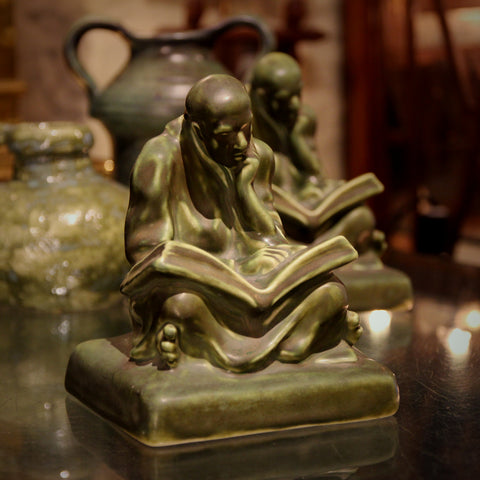 Cowan Arts & Crafts Sculpted "Scholar Monk" Bookends with Deep Matte Green Glazing (LEO Design)