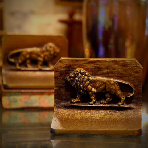 Cast Iron Golden-Wash Bookends with "Mirrored Barye" Walking Lions (LEO Design)