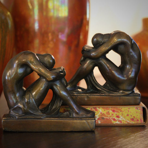 Art Nouveau Bronze-Clad "Weary Scholar" Male Nude Bookends (LEO Design)