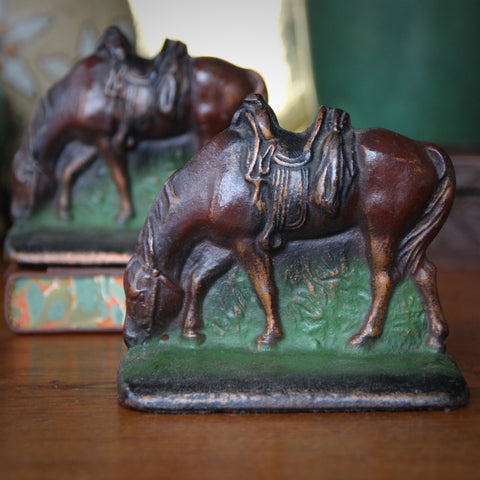 Cast Iron "Grazing Horse" Bookends with Original Polychrome (LEO Design)