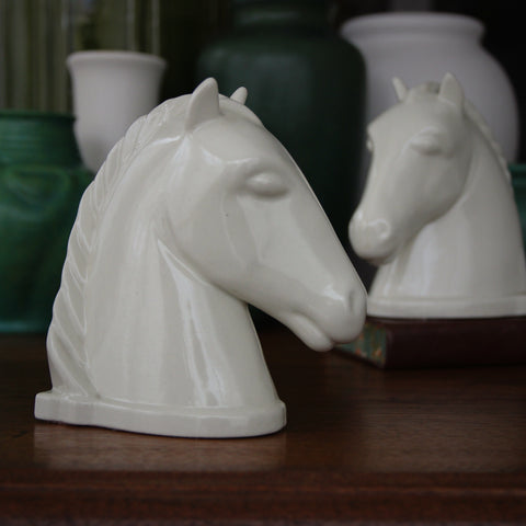 Abingdon Fine Ceramic Art Deco Horsehead Bookends with Satin White Glaze (LEO Design)
