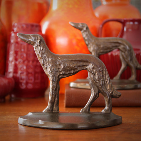 Cast Iron Russian Wolfhound Bookends with Bronze Patina by Connecticut Foundry (LEO Design)