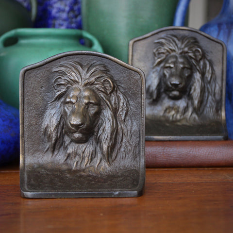 Cast Iron "King of the Jungle" Bas Relief Portrait Bookends by Gregory Seymour Allen (LEO Design)