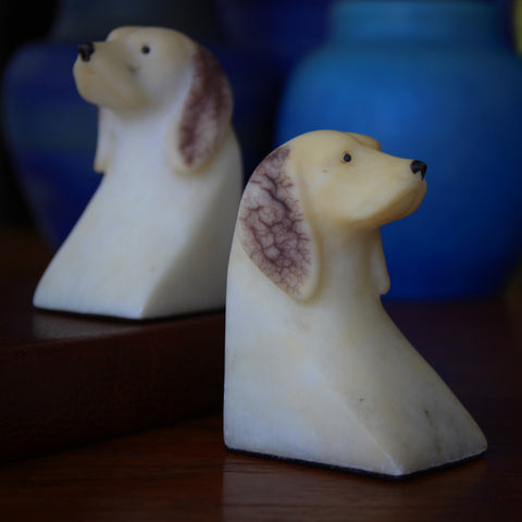 Hand-Carved and Hand-Painted Alabaster "Loyal Companion" Dog Bookends (LEO Design)