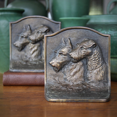 Cast Iron Bookends with Bas Relief Profiles of Two Terriers (LEO Design)
