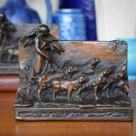 Bronze-Clad "Barbizon School" Bookends of a Shepherdess with Her Flock (LEO Design)