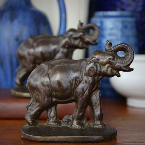 Cast Iron Trumpeting "Lucky" Elephant Bookends with Aged Bronze Patina (LEO Design)