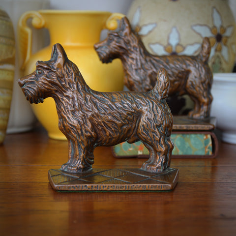 Well-Sculpted Scotty Dog Bookends on Argyle Base with Copper-Bronze Finish (LEO Design)