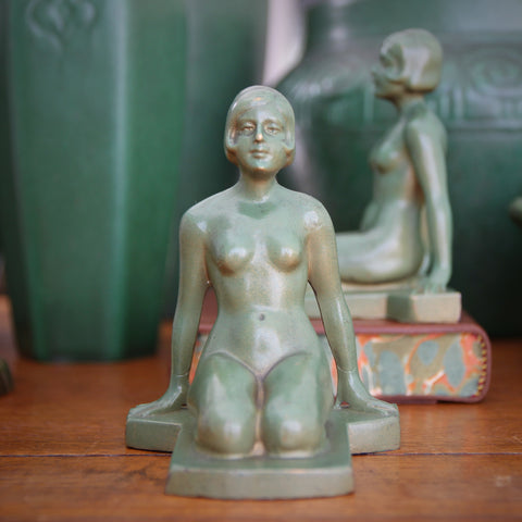 Art Deco Spelter Female Nude Bookends with Green Patina (LEO Design)
