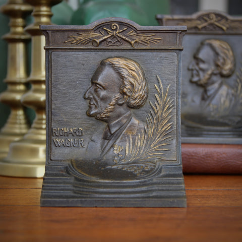 Heavy Cast Iron Bookends with Bas Relief Bust of Composer Richard Wagner by Bradley & Hubbard (LEO Design)