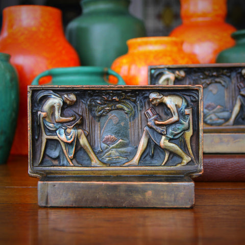 Bronze-Clad "Graphic Arts" Bookends with Polychromed Bas Relief Sculpting by Pompeian (LEO Design)