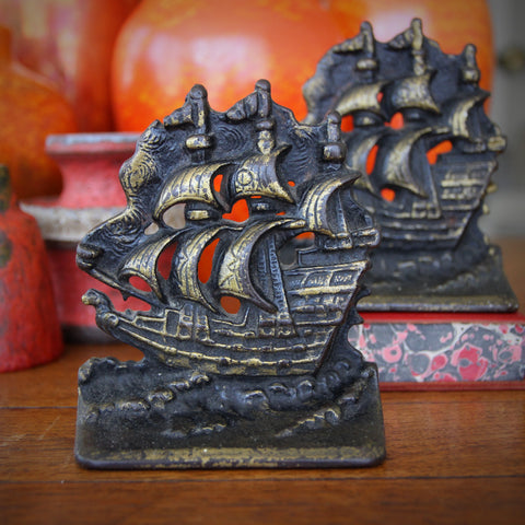 Cast Iron Galleon-at-Full-Sail Bookends with Aged Brass Patina (LEO Design)