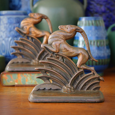 Art Deco Cast Iron "Leaping Gazelle" Bookends with Aged Copper Patina (LEO Design)