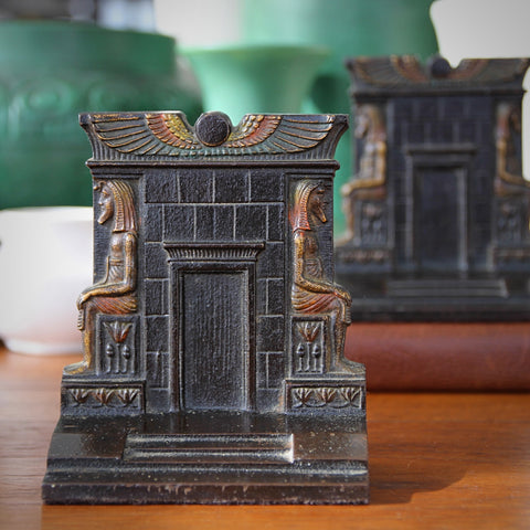 Cast Iron Bookends of Rameses II Temple with Winged Sun and Original Paint by Bradley & Hubbard (LEO Design)