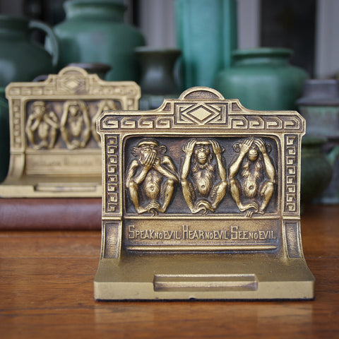 Bradley & Hubbard "Three Monkeys" Cast Iron Bookends with Golden Bronze Finish (LEO Design)