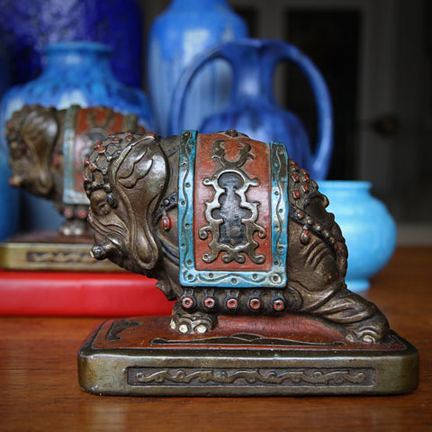 Bronze-Clad and Polychromed "Persian War Elephant" Bookends by Armor Bronze (LEO Design)