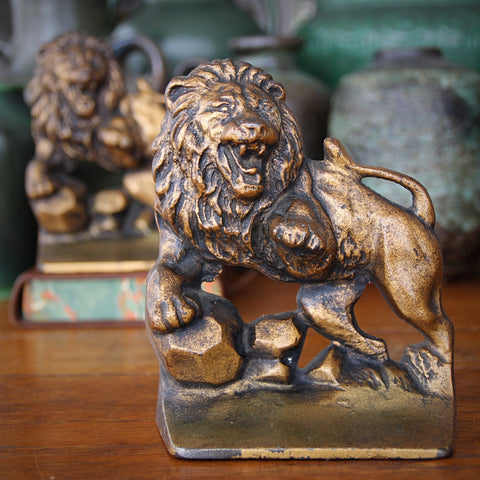 Cast Iron Fierce Lion Bookends with Original Gold Paint (LEO Design)