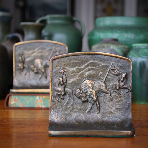 Cast Iron Bookends with Crisp Bas Relief of Western Bison Hunt (LEO Design)