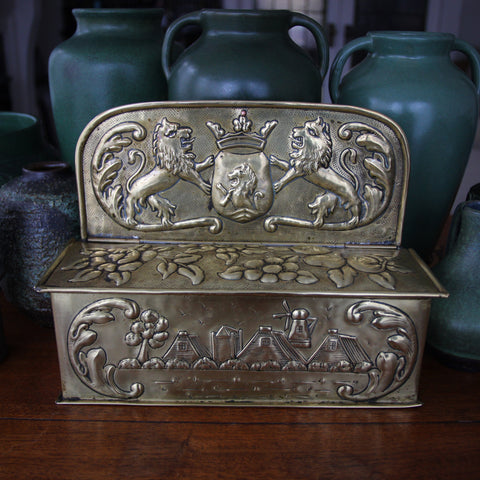 English Arts & Crafts Hand-Hammered Brass Candlebox with Rampant Lions and Botanical Repoussé (LEO Design)